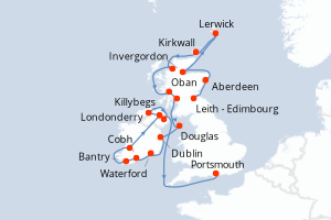 Carte de l'itinéraire de croisière Leith - Edimbourg-Portsmouth d'une durée de 22 jours