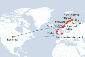 Carte de l'itinéraire de croisière Ijmuiden (Amsterdam)-Dublin d'une durée de 18 jours