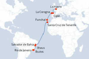 carte itinéraire croisière Transatlantique 17 jours au départ du port de Le Havre