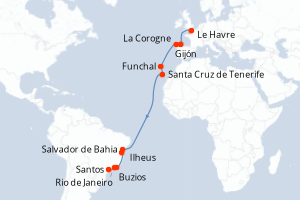 Carte de l'itinéraire de croisière Le Havre-Santos d'une durée de 18 jours