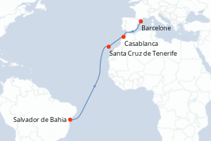 carte itinéraire croisière Transatlantique 11 jours au départ du port de Barcelone