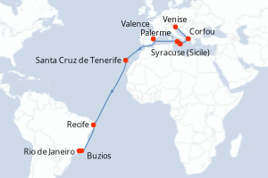 carte itinéraire croisière Amérique du Sud 20 jours au départ du port de Venise