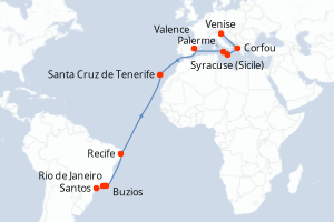 carte itinéraire croisière Brésil 21 jours au départ du port de Venise
