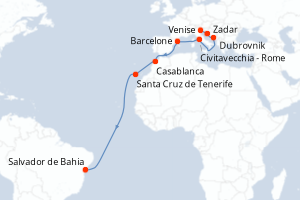 carte itinéraire croisière Brésil 17 jours au départ du port de Venise