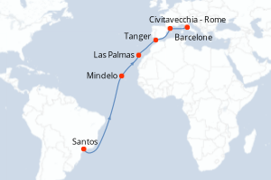 carte itinéraire croisière Transatlantique 16 jours au départ du port de Santos