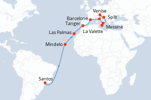 carte itinéraire croisière Sicile 21 jours au départ du port de Santos