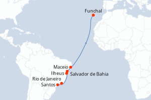 carte itinéraire croisière Iles Canaries 12 jours au départ du port de Santos
