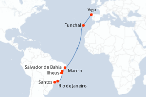 carte itinéraire croisière Transatlantique 14 jours au départ du port de Santos