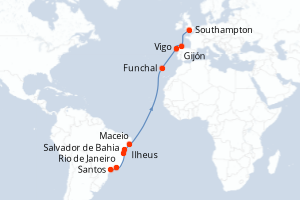 carte itinéraire croisière Transatlantique 17 jours au départ du port de Santos