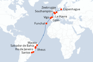 carte itinéraire croisière Transatlantique 21 jours au départ du port de Santos
