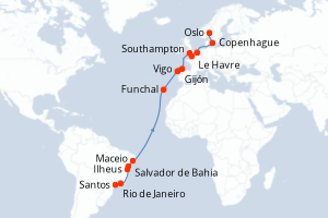 carte itinéraire croisière Transatlantique 22 jours au départ du port de Santos