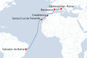 carte itinéraire croisière Transatlantique 13 jours au départ du port de Civitavecchia - Rome