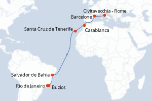 Carte de l'itinéraire de croisière Civitavecchia - Rome-Rio de Janeiro d'une durée de 16 jours