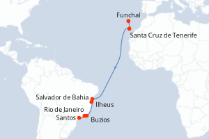 carte itinéraire croisière Brésil 13 jours au départ du port de Funchal