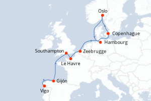 carte itinéraire croisière Europe du Nord 10 jours au départ du port de Vigo