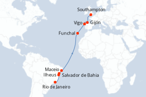 carte itinéraire croisière Transatlantique 16 jours au départ du port de Rio de Janeiro