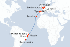carte itinéraire croisière Transatlantique 18 jours au départ du port de Rio de Janeiro