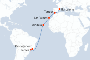 carte itinéraire croisière Transatlantique 15 jours au départ du port de Rio de Janeiro