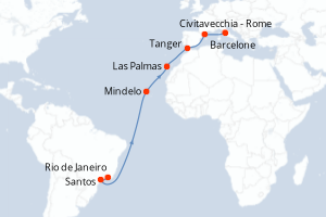 carte itinéraire croisière Transatlantique 17 jours au départ du port de Rio de Janeiro