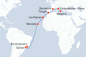 Carte de l'itinéraire de croisière Rio de Janeiro-Messine d'une durée de 18 jours