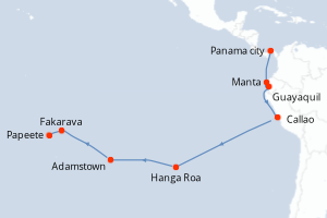 Carte de l'itinéraire de croisière Panama city-Papeete d'une durée de 22 jours