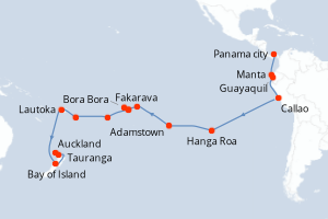 Carte de l'itinéraire de croisière Panama city-Auckland d'une durée de 38 jours