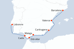 carte itinéraire croisière Atlantique 7 jours au départ du port de Barcelone