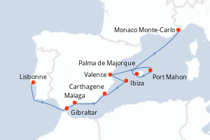 carte itinéraire croisière Méditerranée 11 jours au départ du port de Lisbonne