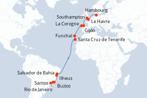 Carte de l'itinéraire de croisière Hambourg-Santos d'une durée de 21 jours