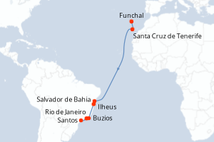 Carte de l'itinéraire de croisière Funchal-Santos d'une durée de 13 jours