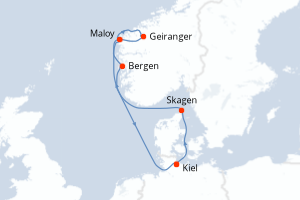 carte itinéraire croisière Fjörds norvégiens 7 jours au départ du port de Kiel