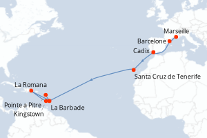 carte itinéraire croisière Transatlantique 18 jours au départ du port de Marseille