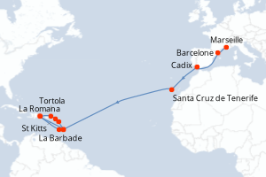 carte itinéraire croisière Transatlantique 21 jours au départ du port de Marseille