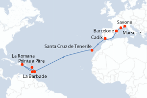 carte itinéraire croisière Transatlantique 19 jours au départ du port de Savone
