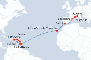 carte itinéraire croisière Transatlantique 22 jours au départ du port de Savone