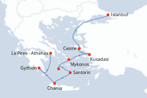 carte itinéraire croisière Méditerranée 9 jours au départ du port de Le Piree - Athenes