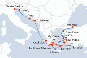 carte itinéraire croisière Méditerranée 23 jours au départ du port de Le Piree - Athenes