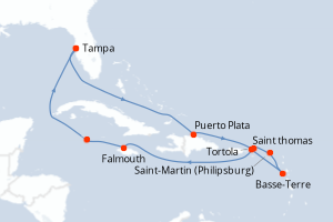 Carte de l'itinéraire de croisière Tampa-Tampa d'une durée de 12 jours