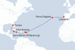 carte itinéraire croisière Caraïbes Mexique 15 jours au départ du port de Lisbonne