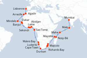 carte itinéraire croisière Atlantique 44 jours au départ du port de Mumbai