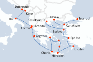 carte itinéraire croisière Adriatique 17 jours au départ du port de Istanbul
