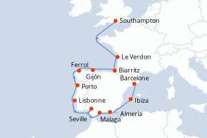 carte itinéraire croisière Méditerranée 12 jours au départ du port de Southampton
