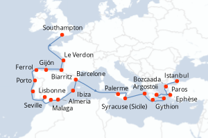 carte itinéraire croisière Sicile 22 jours au départ du port de Southampton