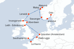 carte itinéraire croisière Fjörds norvégiens 13 jours au départ du port de Southampton