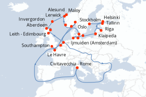 carte itinéraire croisière Fjörds norvégiens 24 jours au départ du port de Southampton