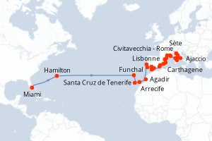 carte itinéraire croisière Transatlantique 35 jours au départ du port de Miami