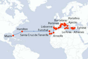 carte itinéraire croisière Transatlantique 45 jours au départ du port de Miami