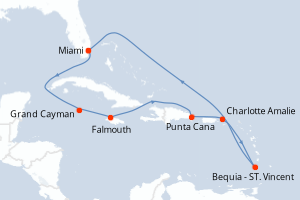 Carte de l'itinéraire de croisière Miami-Miami d'une durée de 10 jours