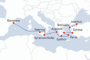 carte itinéraire croisière Sicile 10 jours au départ du port de Barcelone