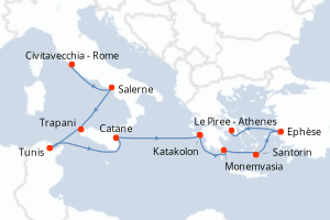 carte itinéraire croisière Sicile 10 jours au départ du port de Civitavecchia - Rome